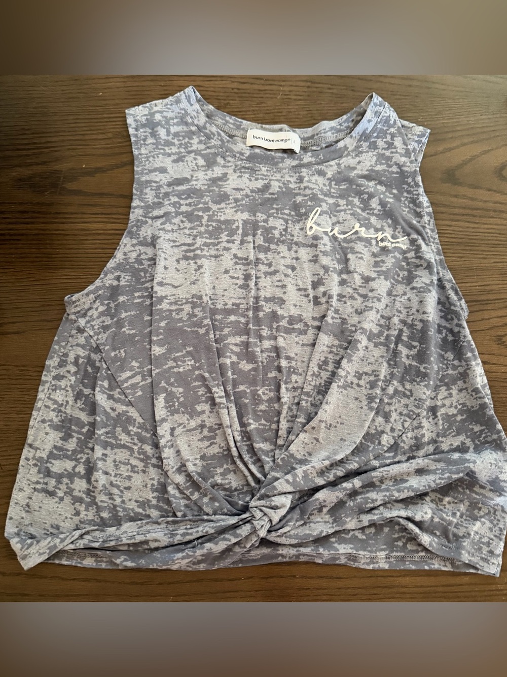 Burn Boot Camp Digital Camo Gray Knot-Front Sleeveless Tank Top